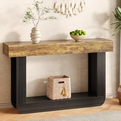 Tarnorci 55'' U-Shape Narrow Console Table, Farmhouse Wood Behind Couch Table with Bottom Storage Shelf, Vintage Entryway Table for Living Room Hallway Entrance - Thumbnail 3