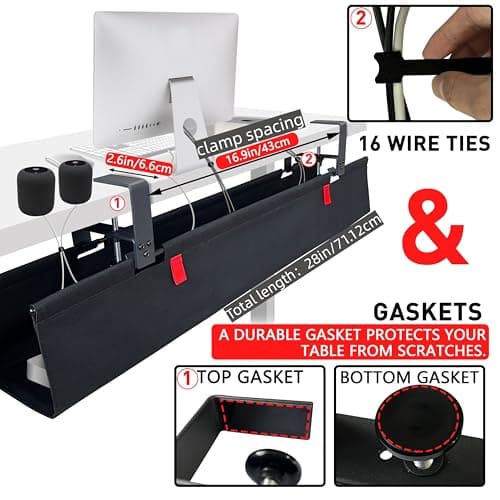 AHOMO Under Desk Cable Management No Drill – 28" L x 6" W Cord Organizer, Upgraded Silicone Pads (No Scratch), 16 Cable Slots, Washable PE Honeycomb Base, Fits Desks 0–2.1" Thick, Black - Thumbnail 2