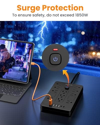 Bawmwim Surge Protector Power Strip - 11 Outlets(1850W/15A) with 6 USB Ports(2 USB C), 6FT Flat Plug Extension Cord, Wall Mount, Black, ETL Listed for Home, Dorm Room - Thumbnail 6