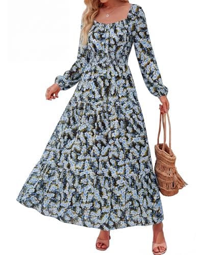 BTFBM Long Sleeve Dress for Women 2026 Spring Fall Boho Floral Square Neck Casual Flowy Long Wedding Guest Maxi Dresses(Floral Blue Yellow, X-Large) - Image 1