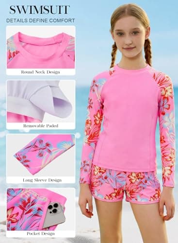 Alakuoti Girls Rash Guard Swimsuit Two Piece Bathing Suit UPF 50+ Sun Protection Long Sleeve Swimwear Size 8 Pink Flower - Thumbnail 2