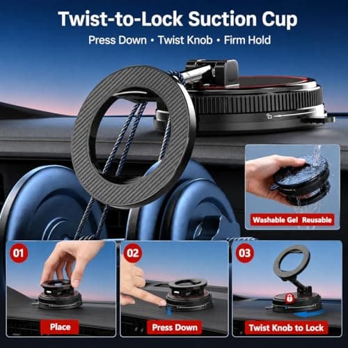 Magnetic Car Phone Holder Mount, Compatible with MagSafe, 108LBS Vacuum Suction Car Mount, 3000gf Magnetic Hold, 360° Adjustable Foldable Dashboard Windshield Phone Mount for iPhone 17-12 & Android - Thumbnail 3