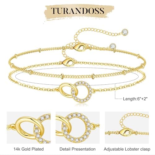 Turandoss Gold Bracelets for Women - Dainty 14K Gold Plated Interlocking Circles Bracelet Layered Cubic Zirconia Interlock Circles Bracelet Delicate Interlock Bracelets for Women Birthday Gifts - Thumbnail 5
