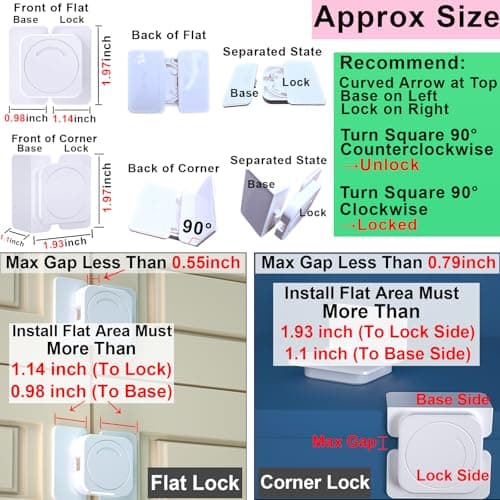 Bstsilver Corner & Flat Drawer Locks Baby Proofing, Refrigerator Lock Child Safety for Filing Cabinets Door Edges Oven Cupboard Kitchen Room, Fridge Latches Petproof for Toddler Cat, Upgarde Adhesive - Thumbnail 2