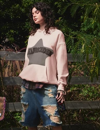 Aelfric Eden Graphic Hoodies for Men Y2K Printed Hoodie Sweatshirt Casual Oversized Long Sleeve Vintage Streetwear Hiphop Hooded Pullover Light Pink Large - Thumbnail 2