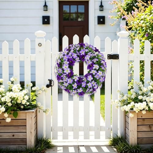 U'Artlines 20 Inch Boxwood Door Wreaths with Purple Morning Glory Flowers - Thumbnail 6