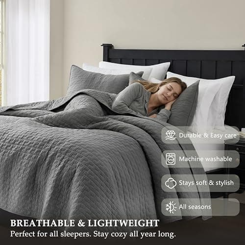palassio Dark Grey 100% Cotton Quilt King Size Bedding Sets with 2 Pillow Shams, Textured Lightweight Soft Bedspread Shabby Chic Coverlet, Quilted Comforter Bed Cover for All Season, 3 Pieces - Thumbnail 6