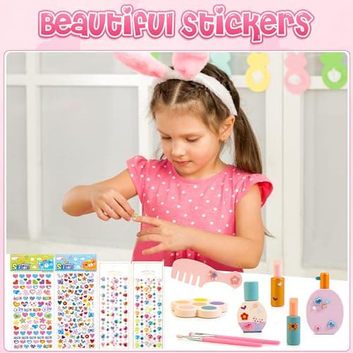 Wooden Vanity Set for Kids, Pretend Play Toddler Makeup Vanity with Acrylic Mirror, Beauty Salon Play Set for Little Girls Age 3+, Toys Gifts Includes Makeup Accessories and Bonus Stickers - Thumbnail 6