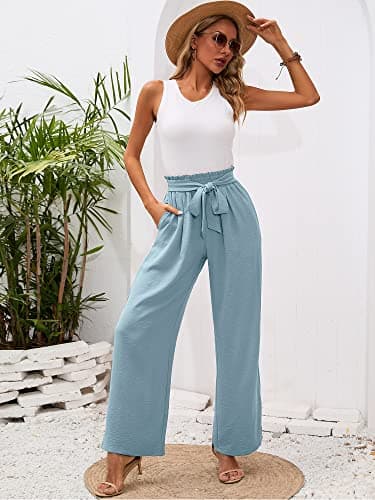 Heymoments Women's Wide Leg Lounge Pants with Pockets Blue Gray XX-Large Lightweight High Waisted Adjustable Tie Knot Loose Comfy Casual Trousers - Thumbnail 4