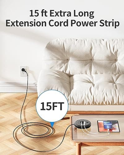 Extra Long Extension Cord 15 ft, NTONPOWER Flat Plug Power Strip with 3 Outlets 3 USB Ports(1 USB C), Flat Plug Power Strip, Extension Cord with Multiple Outlets for Lndoor, Home, Office, Dorm - Thumbnail 2
