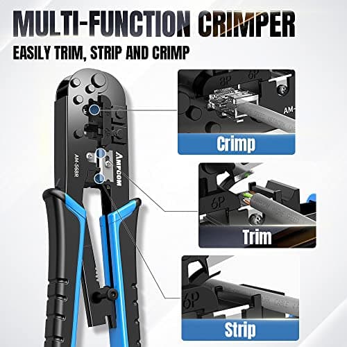 AMPCOM RJ45 Crimping Tool, 8P/6P-RJ11, RJ12 Crimper Cutter Stripper AM-568R - Thumbnail 3