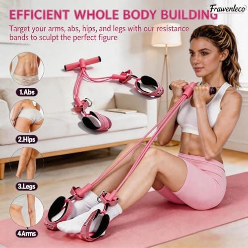 FRAWENLECO Fitness Resistance Bands with 4 Tube Pedal Ankle Puller, Elastic Yoga Pedal Stretch Band for Exercise, AB Training, Sit Up Equipment(Pink) - Thumbnail 6