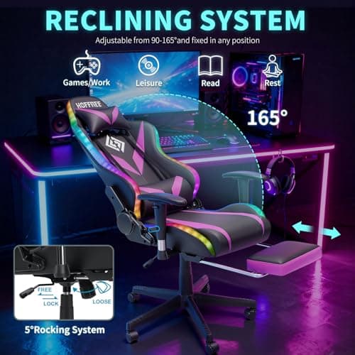 Led Gaming Chair with Speakers Massage 165°Reclining Computer Chairs-Purple - Thumbnail 6