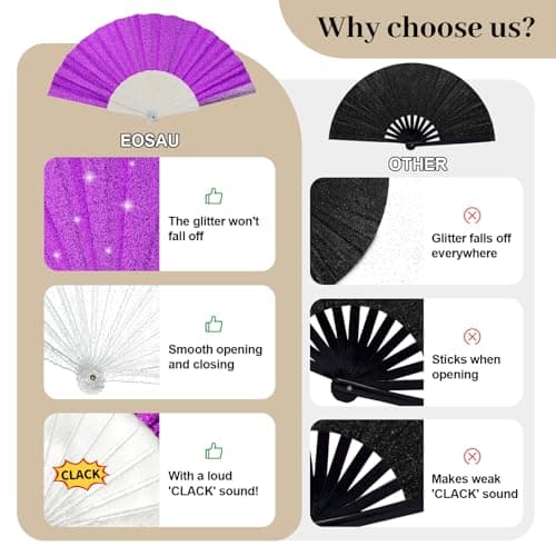 EOSAU Glitter Folding Hand Fans for Women Foldable Handheld Clack Fans for line Dancing, Wedding, Church, Festival, EDM, Party, Club, Rave Accessories (9" Purple) - Thumbnail 6