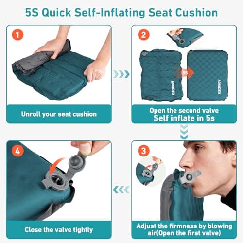 Inflatable Seat Cushion, Self Inflating Memory Foam Stadium Seat Cushion Lightweight Camping Chair Pad Airplane Cushion for Long Flights Outdoor Travel Bleacher Office Car Backpacking (Blue) - Thumbnail 5