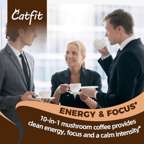 Catfit Instant Mushroom Coffee Powder, 10-in-1 Adaptogen Blend with Lion's Mane, Chaga & Cordyceps for Energy, Focus, Gut Health & Immune Support - 50 Servings - Thumbnail 4