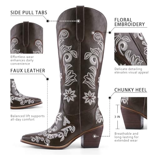 QIV Dark Brown Cowboy Boots for Women Western Pointed Toe Chunky Heel Mid Calf Cowgirl Boots with Embroidered Floral Size 11 - Thumbnail 3