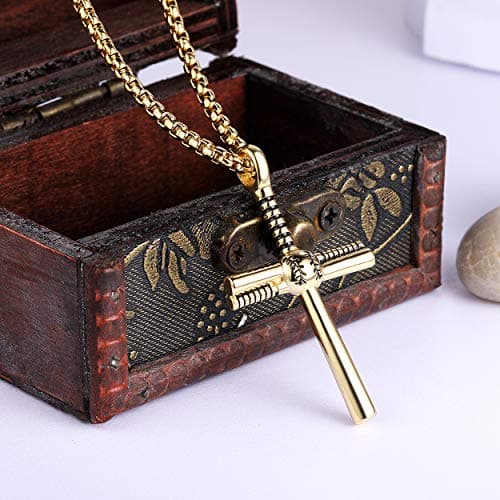 Rehoboth Men's Stainless Steel Baseball Bat Nail Cross Pendant Necklace 24 Inch Adjustable Chain for Women Men Gold - Thumbnail 2