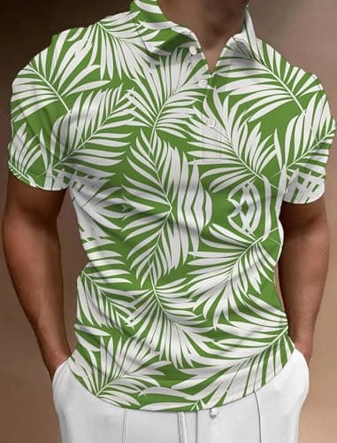 sportbull Tropical Golf Shirts for Men: Golf Polo Shirt White Palm Leaves XL - Thumbnail 2