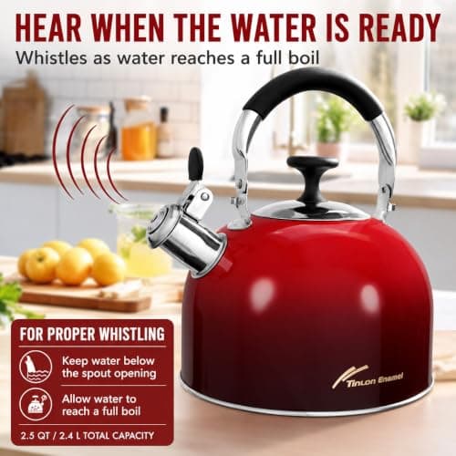 Tinlon Enamel 2.5 Qt Whistling Tea Kettle for Stovetop, Red - Thumbnail 5