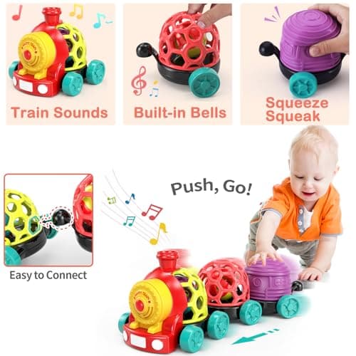 WEEJOYGAM Train Baby Toys 6-12 Months, Infant Soft Cars for Toddlers 1-3 Boy Easter Basket Stuffers Birthday Gift 6 7 8 9 10 Month 1 Year Old Boy Cause Effect Montessori Musical Push Truck Ball Rattle - Thumbnail 2