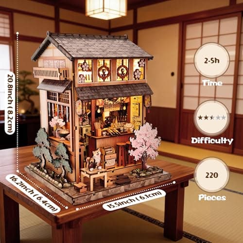 Soothee Japanese DIY Book Nook Kit with LED Lights - 3D Puzzles for Adults & Teens, Miniatures for Bookshelf Decor, Relaxing & Unique Easter Gift for Craft Lovers (Yakitori Grill House) - Thumbnail 5