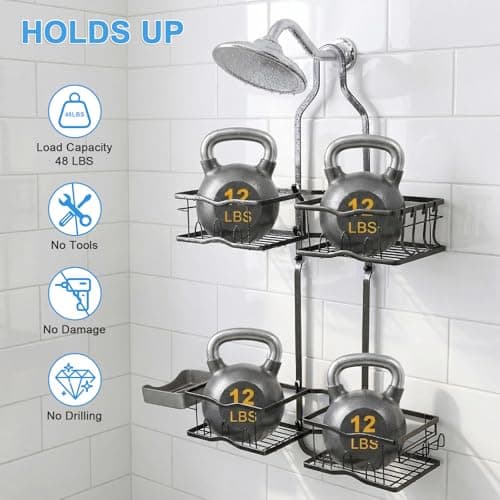 Depecal Shower Caddy Hanging Organizer, Rustproof Shower Organizer Hanging for Handheld Showerhead with Hooks for Razor/Sponge, Bathroom Caddy Rack Shower Shelves for Shampoo Soap Towels, Black - Thumbnail 2