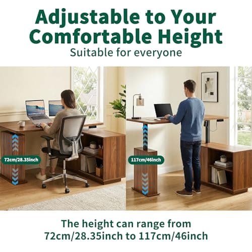Electric L Shaped Standing Desk with Storage, 55 x 47 Inch Mid Century Modern Corner Sit Stand Up Desk, Wooden Adjustable Height L Office Desk Computer Executive for Home, Laptop, Fluted, Walnut - Thumbnail 4