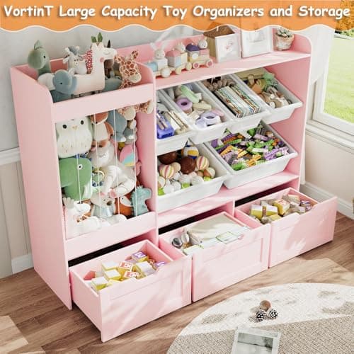 VortinT 50.6" W Large Toy Organizer, Kids Toy Storage with Stuffed Animal Holder, 6 Removable Plastic Bins, 3 Rolling Boxes, Wooden Toddler Bookshelf Organization for Kids Room, Living Room(Pink) - Thumbnail 4