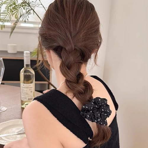 Jseng 2PCS Large Scrunchies for Hair, Polka Dot Hair Ties, Beige and Black - Thumbnail 6