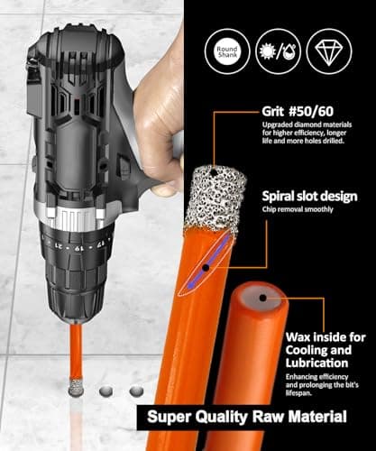 Dry Diamond Drill Bit Set,BGTEC 10pcs 1/4" 6mm Hole Saw for Granite,Marble,Masonry, Concrete, Tile/Ceramic, Glass, Hard Plastic,Vacuum Brazed Diamond Core Drill Bit Kit - Thumbnail 3