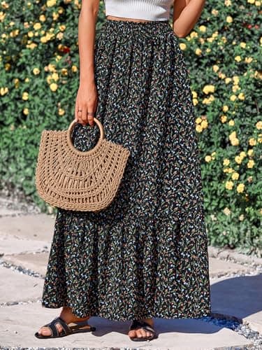 BTFBM Womens Boho Maxi Skirt 2026 Summer Floral High Waisted Flowy Tiered Long Spring Beach Vacation Skirts Pockets(Floral Black Red, X-Large) - Thumbnail 4