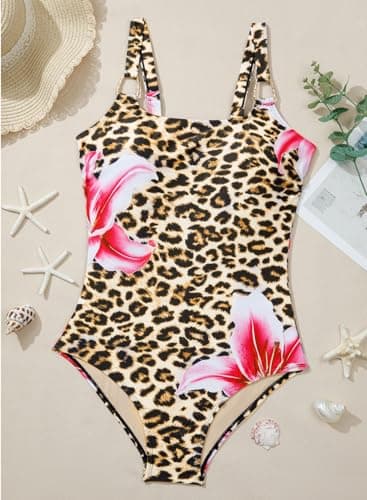 Herseas Women's Metal Ring Wide Straps Supportive Leopard One Piece Swimsuits 2026 Floral Print Tummy Control Bathing Suit Removable Pads Resort Outfits Large - Thumbnail 5