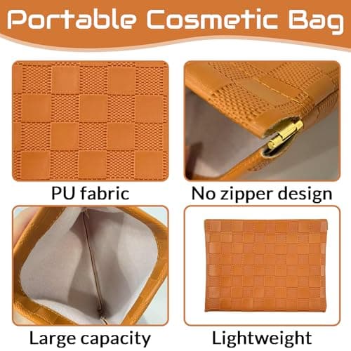 AOzT 2Pcs Small Waterproof Checkered Makeup Bag Portable Leather Travel Toiletry Organizer With Snap Closure Aesthetic Storage Pouches For Purse Pink And Brown - Thumbnail 3