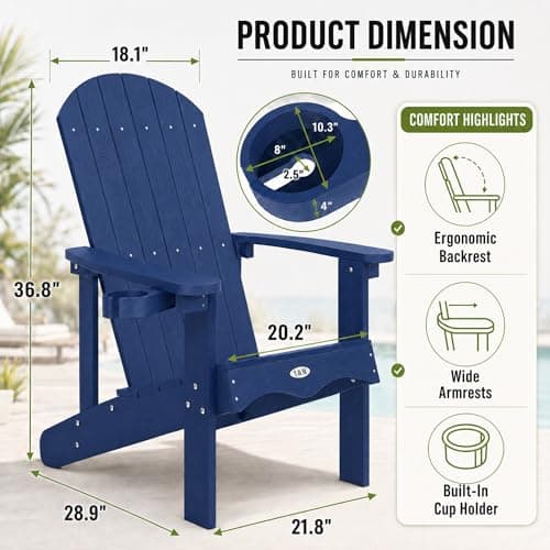 Y&M Adirondack Chair, Navy Blue Fire Pit Chairs, Outdoor Patio Chairs with Cup Holder, Weather Resistant HDPE Wooden Textured Patio Chairs, Perfect for Garden, Lawn, Deck, or Poolside - Thumbnail 3