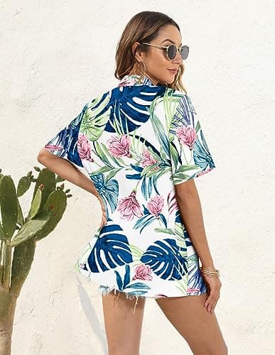LILYCHIC Women's Hawaiian Shirts Outfits Luau Party Tropical Tops Blouses Summer Beach Plus Size Shirt Palm Leaf White, L - Thumbnail 3
