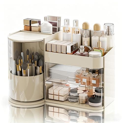 TIMBERHIDE Makeup Organizer,Rotating Cosmetic Storage Organizer with Drawers,Large Capacity Makeup Brush Holder,Skincare Vanity Organizer for Bathroom Countertop,Cream. - Image 1