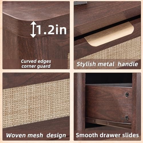 LEYAOYAO Rattan Night Stand Set of 2 with Charger Station, 23" Large 3 Drawer Boho Nightstand, Walnut Bedside Table Storage Cabinet, Bed Side End Tables for Bedroom, Living Room, Hallway - Thumbnail 6