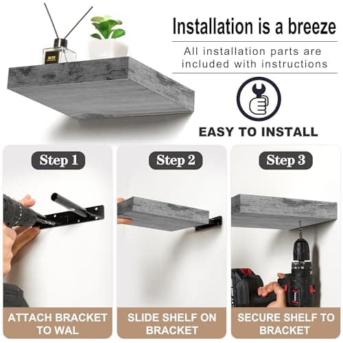Sorbus 9X9 Inch Floating Shelves for Wall – Square Floating Shelf with Invisible Mounting Bracket for Kitchen, Bedroom, Living Room & Bathroom Decor – Rustic Showcase Wall Shelf (Grey, 3 Pack) - Thumbnail 4