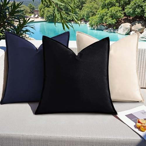 decorUhome Waterproof Faux Linen Outdoor Throw Pillow Covers 18x18 Inch Set of 2 Decorative Natural Farmhouse Pillow Cases with Flange Edges for Summer Couch Garden Patio Balcony Porch, Navy Blue - Thumbnail 5