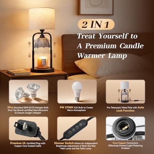 Safe Candle Warmer Lamp for Kids/Pets Flameless Electric Wax Melt Warmer Lamp for Large 3 Wicks Jar Candles with Long Lasting Lifespan Instant Fragrance Release Timer Dimmer Height Adjustable -Black - Thumbnail 2