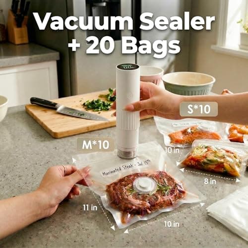 Compact Vacuum Sealer for Food (Vacuum Sealer Machine + 20 Reusable Vacuum Bags) Powerful Handheld Vacuum Sealers with Digital Display, Seal Meal Saver, Portable Food Sealer - Thumbnail 2