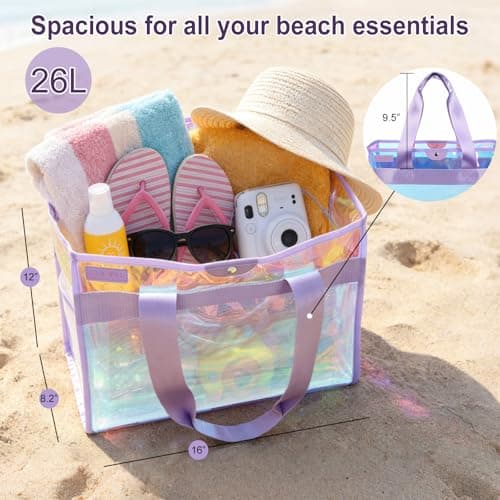 Gryvol 2-Piece 26L Iridescent Beach Bag for Women, Purple Tote Bag with Snap Closure & Pink Clear Bag with Zipper, Waterproof Large Beach Totes for Family Summer Travel Essentials - Thumbnail 3