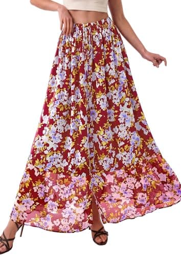 PRETTYGARDEN 2026 Summer Maxi Long Skirts for Women Trendy Boho Floral High Waisted Slit Flowy Travel Beach Vacation Clothes (Floral Red Purple,X-Large) - Thumbnail 5