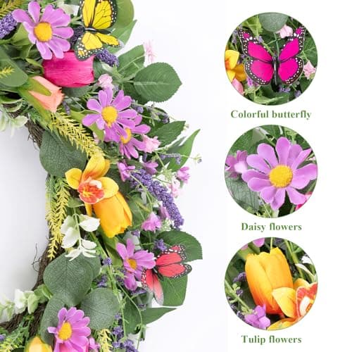 U'Artlines 22 Inch Tulip Wreath for Front Door, Spring Summer Silk Wreath with Green Leaves Colorful Butterfly Artificial Tulip Flower Wreaths for All Seasons Window Wall Wedding Valentines Day Decor - Thumbnail 4