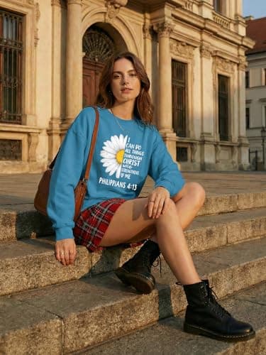 Ladicme Christian Sweatshirts For Women Oversized I Can Do All Things Daisy Graphic Pullover Top Casual Loose Fit Tops - Thumbnail 3