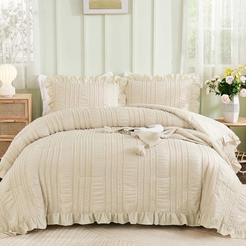 WONGS BEDDING Beige Ruffle Queen Comforter,Boho Shabby Chic Bedding for Queen Bed,Soft Seersucker Farmhouse Bedding Set with 1 Ruffled Comforter,2 Tufted Pillowcases 90"×90" - Image 1