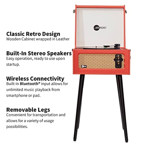 Arkrocket 3-Speed Bluetooth Record Player Retro Turntable with Built-in Speakers Rocket Moving Magnet Cartridges and Removable Legs (Orange) - Thumbnail 3