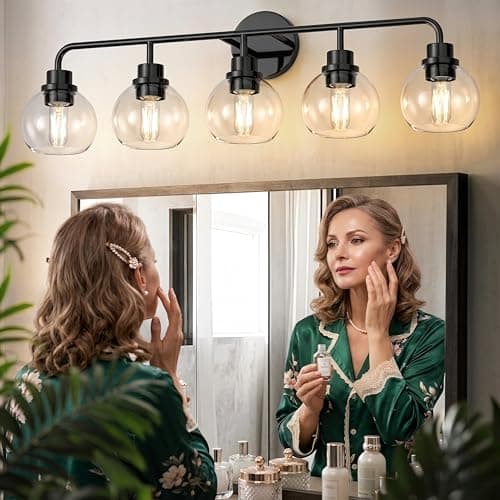 DORESshop Built to Last 20 Years Bathroom Light Fixtures, 5-Light Vanity Lights Over Mirror, Black Wall Lamp with Clear Glass for Living Room Decor Bedroom Porch Cabinet - Thumbnail 5