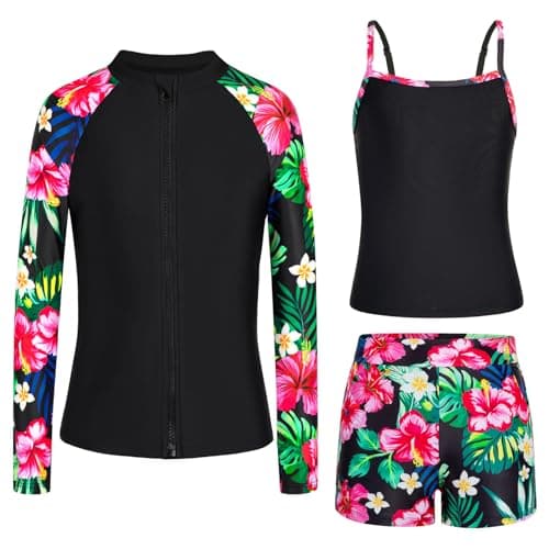 Seanrui Rash Guard for Girls Long Sleeve Swimsuits Teens Modest Swim Suits 3 Piece Swimwear Black Floral (13-14Y) - Image 1